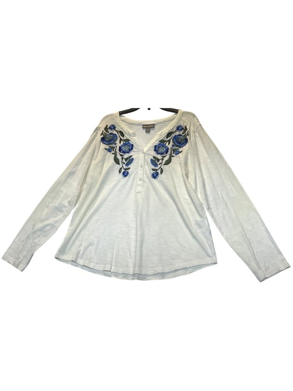 Style & Co Womens PL Knit Shirt With Blue Floral Embroidery Long Sleeve